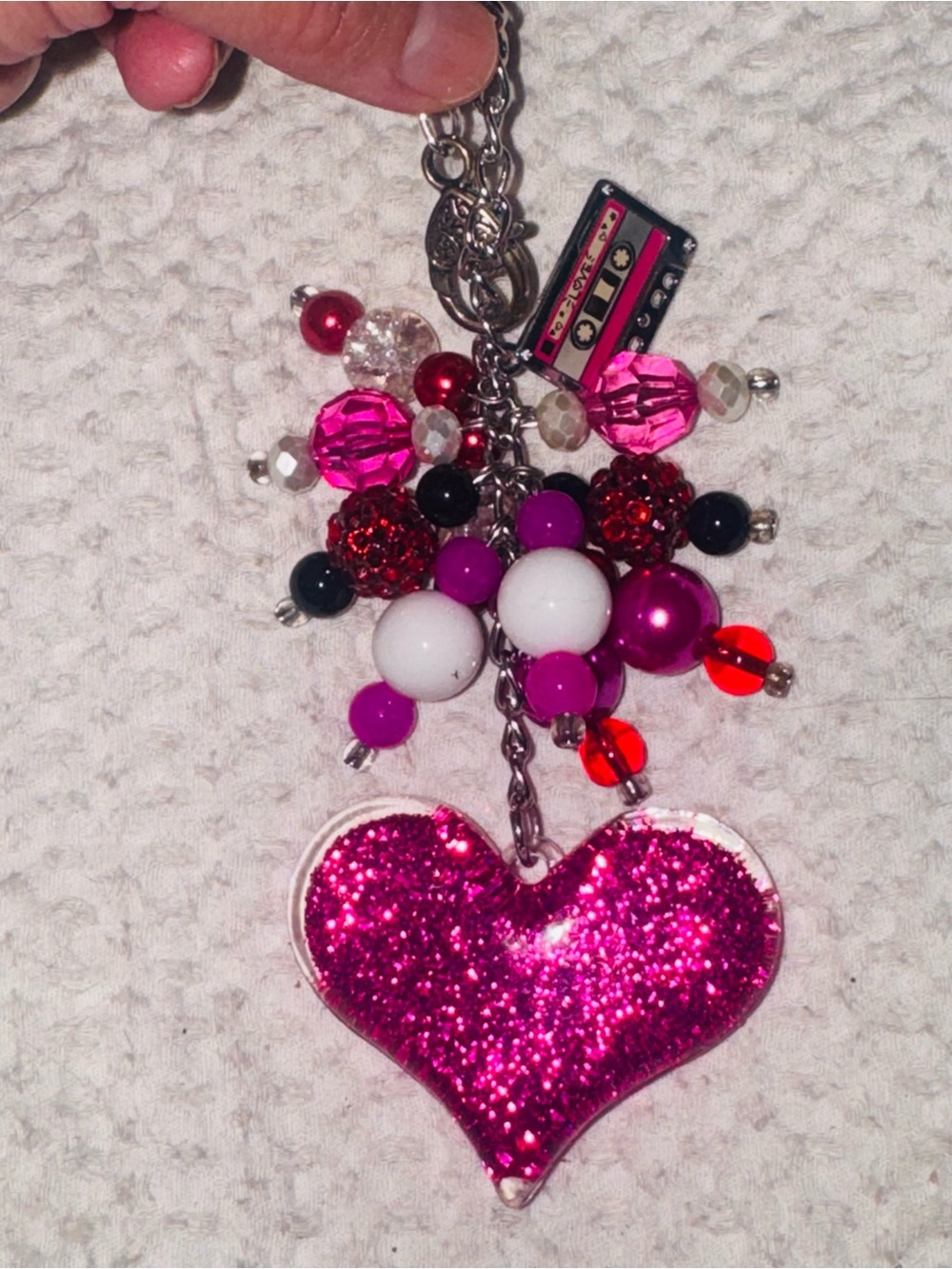 Sparkling Pink Heart & Bead Charm Keychain/ purse fob.